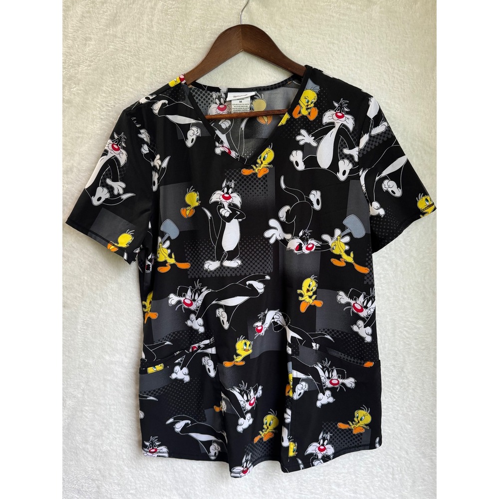 Looney Tunes Scrub Top Medium Sylvester Tweety Cartoon Medical Uniform